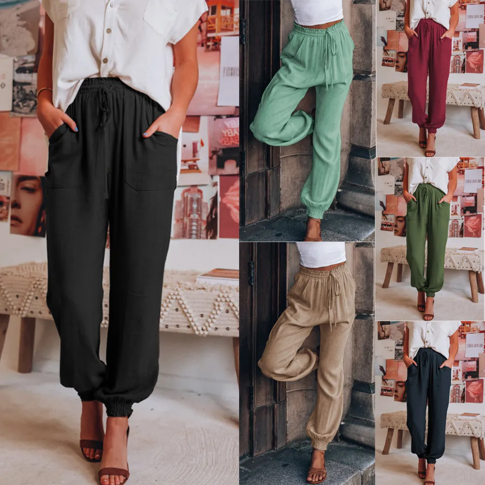 Dames Casual Harembroek Effen Kleur Polyester Losse Elastische Taille Trekkoord Broek Zacht Comfortabel Ademend Onderstuk