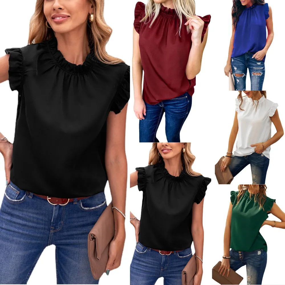 Chemisier Sans Manches Décontracté pour Femmes Été Haut à Col Montant à Volants Ample Couleur Unie Chemise en Polyester pour Bureau Quotidien