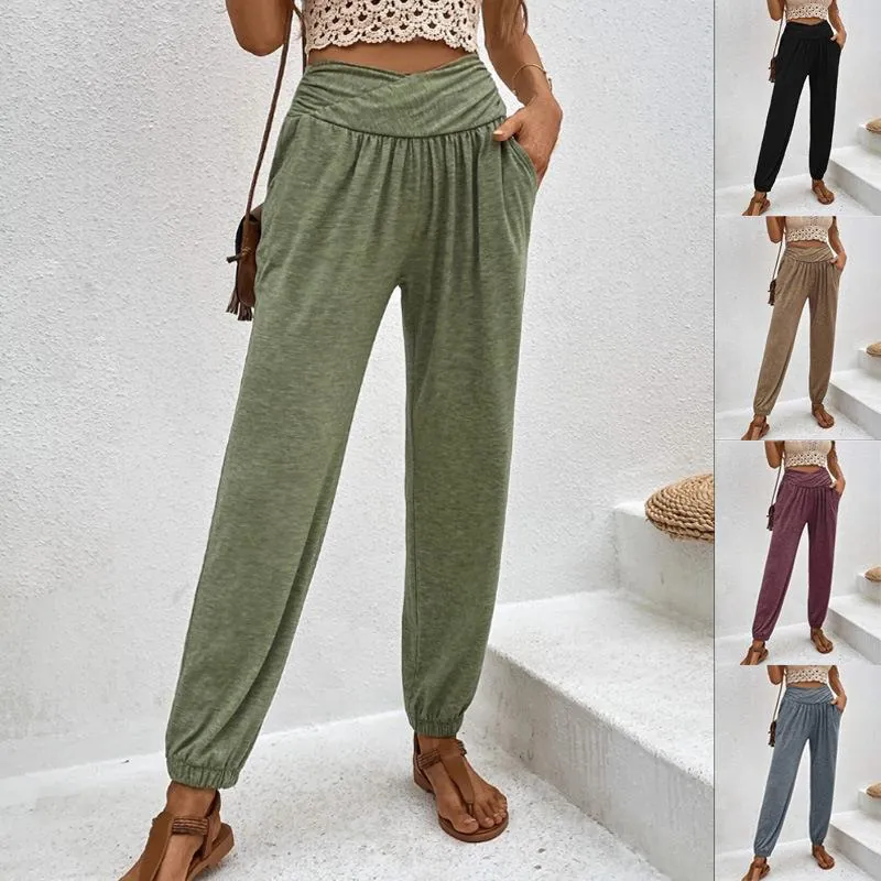 Women High Waist Crossover Joggers Casual Loose Lounge Pants With Pockets Soft Cotton Blend Woven Solid Color Trousers
