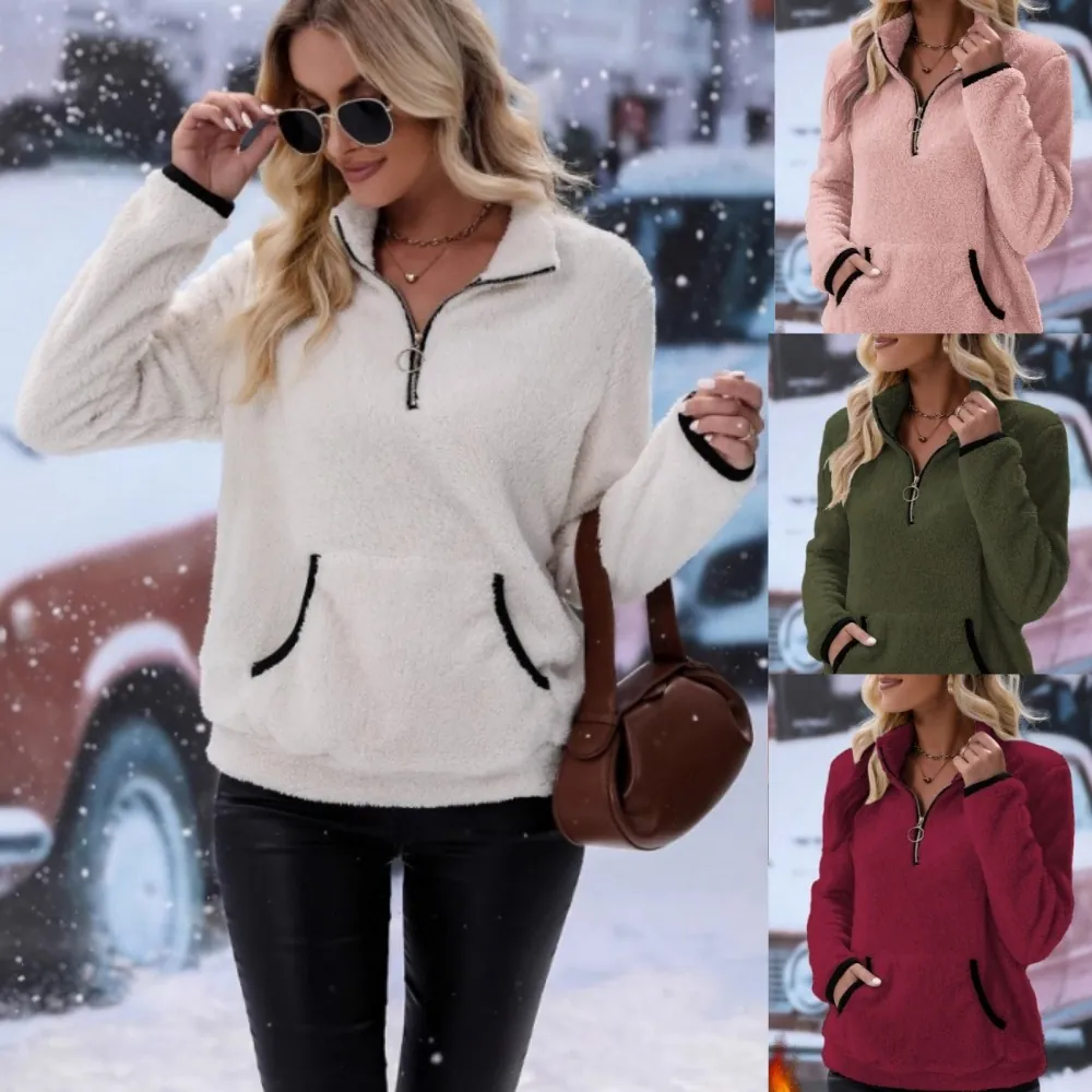 Damen Kunstpelz Plüsch Sweatshirt Halber Reißverschluss Stehkragen Pullover Mit Tasche Kontrastbesatz Warmes Winter Fleece Top