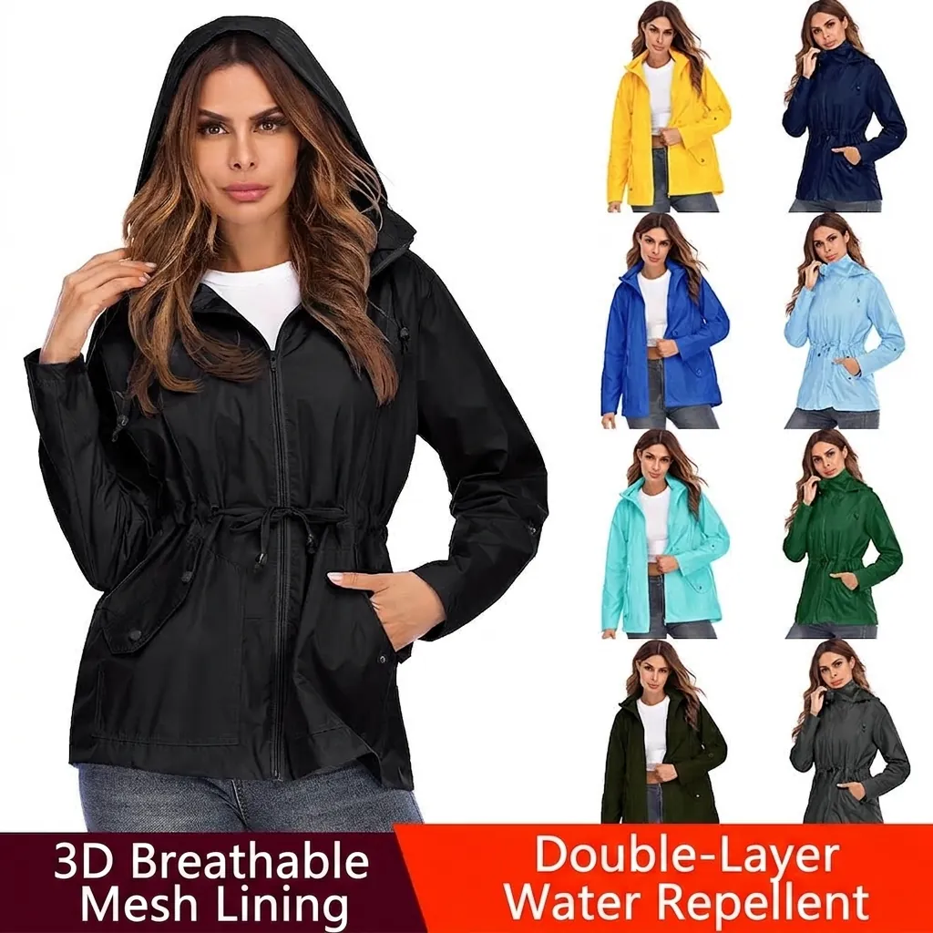 Imperméable Femme à Capuche Taille à Cordon Veste de Randonnée Légère Coupe-vent Doublure en Maille Vêtement de Pluie