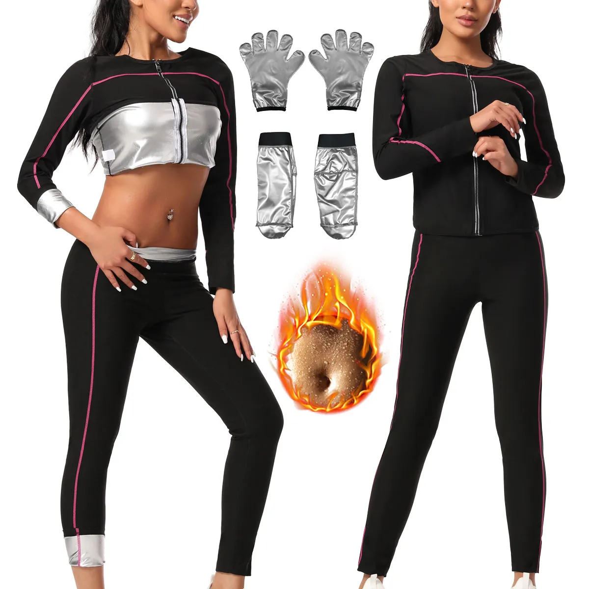 Combinaison de Sauna pour Femme Ensemble Veste à Manches Longues Et Pantalon Sportswear Thermique Revêtu d'Argent pour Gym Course