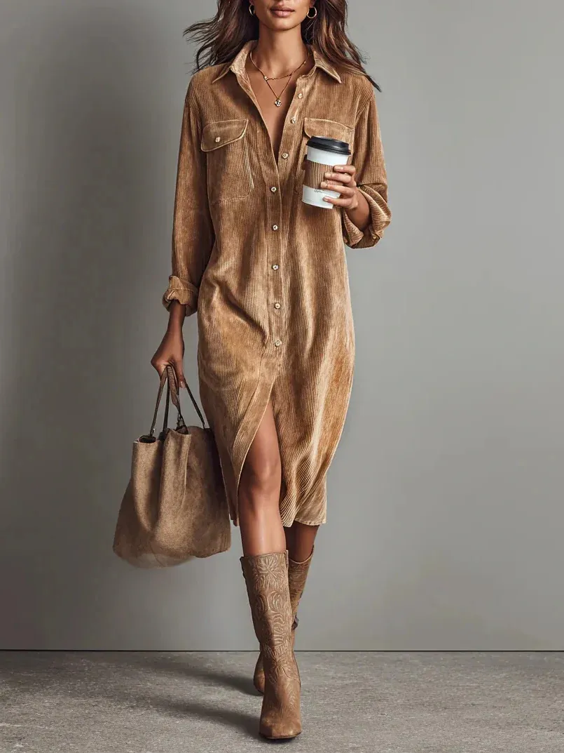 Women Vintage Corduroy Turn Down Collar Shirt Dress Button Casual Long Sleeve Loose Midi Dress Outwear Top For Women
