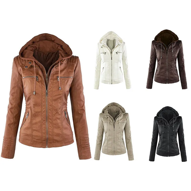 Women's Hooded PU Leather Jacket Slim Fit Faux Leather Moto Biker Coat Short Quilted Zipper Pocket Streetwear Outerwear
