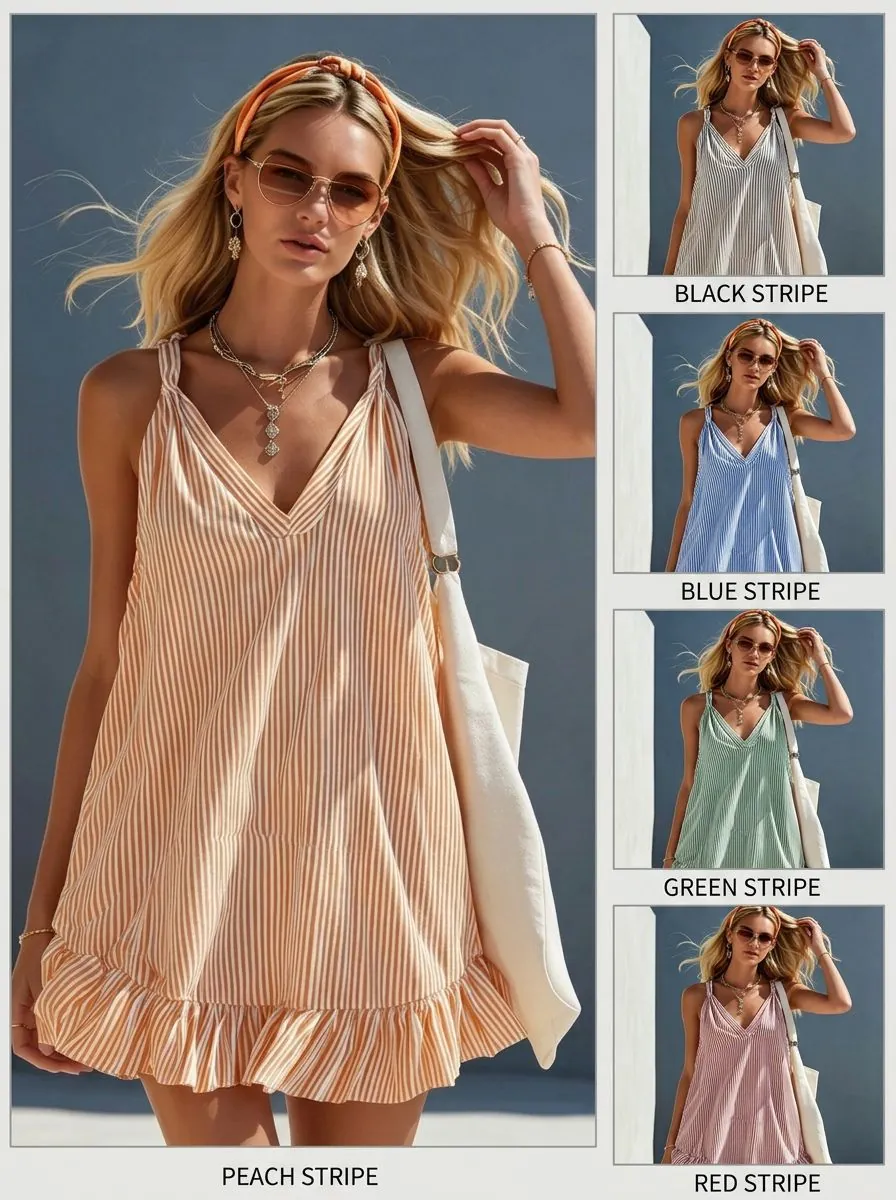Damen Sommer V-Ausschnitt Gestreiftes Rüschen Minikleid Ärmellos Cami A-Linie Urlaub Strandkleid Polyester Kleidung