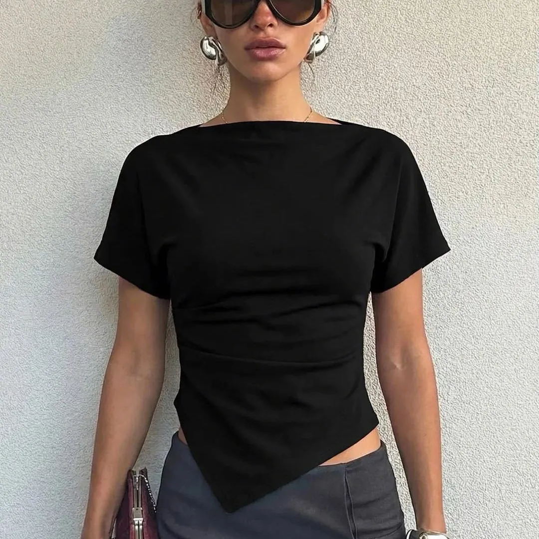 Damen Slim Fit Gerafft Kurzarm T-Shirt Asymmetrisch Unregelmäßiger Saum Top Lässig Einfarbig U-Boot-Ausschnitt Mode Sommer Pullover