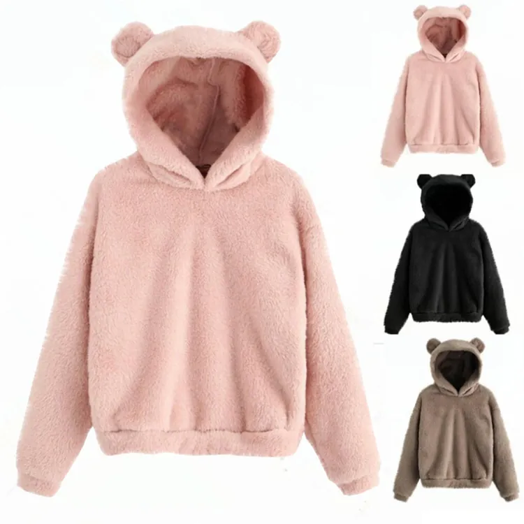 Dames Pluche Konijnenoor Hoodie Losse Warme Winter Fleece Pullover Sweatshirt Effen Kleur Mode Casual Warme Top