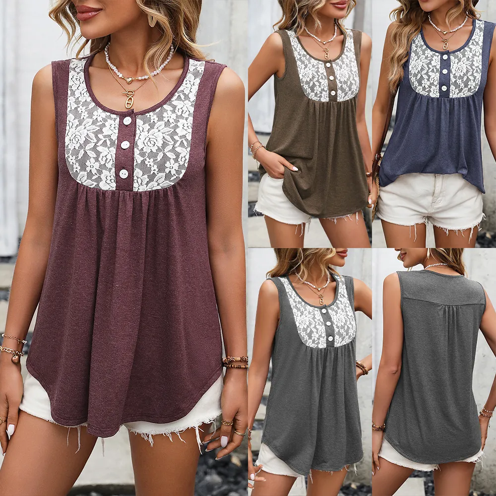 Γυναικείο Casual Πλεκτό Τοπάκι με Δαντέλα Patchwork Χωρίς Μανίκια Γιακάς Peter Pan Κουμπί Χαλαρό Γιλέκο Τοπ Καλοκαιρινό Πλεκτό Πουκάμισο Χωρίς Μανίκια