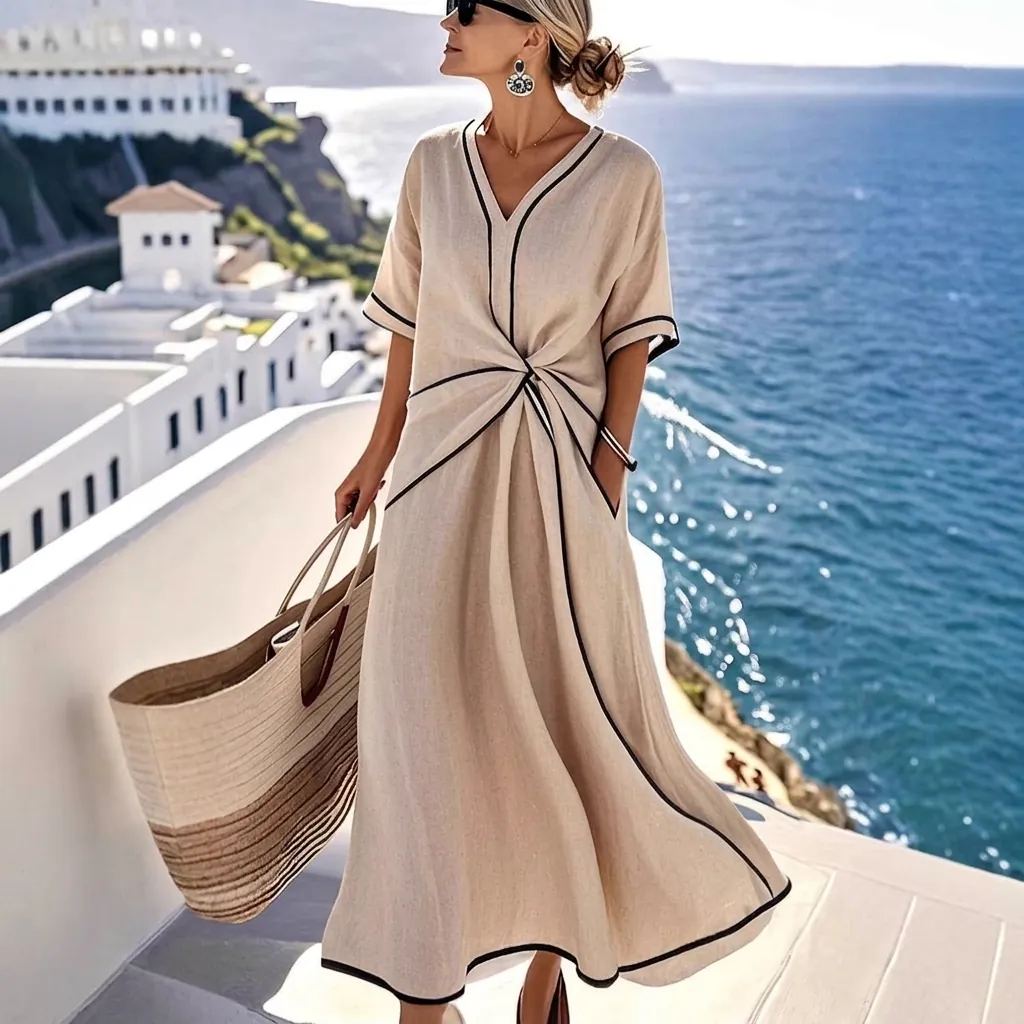 Abito Lungo Maxi Bohemian Elegante Donna Scollo a V Tubazioni a Contrasto Nodo Intrecciato Estate Poliestere Vacanza