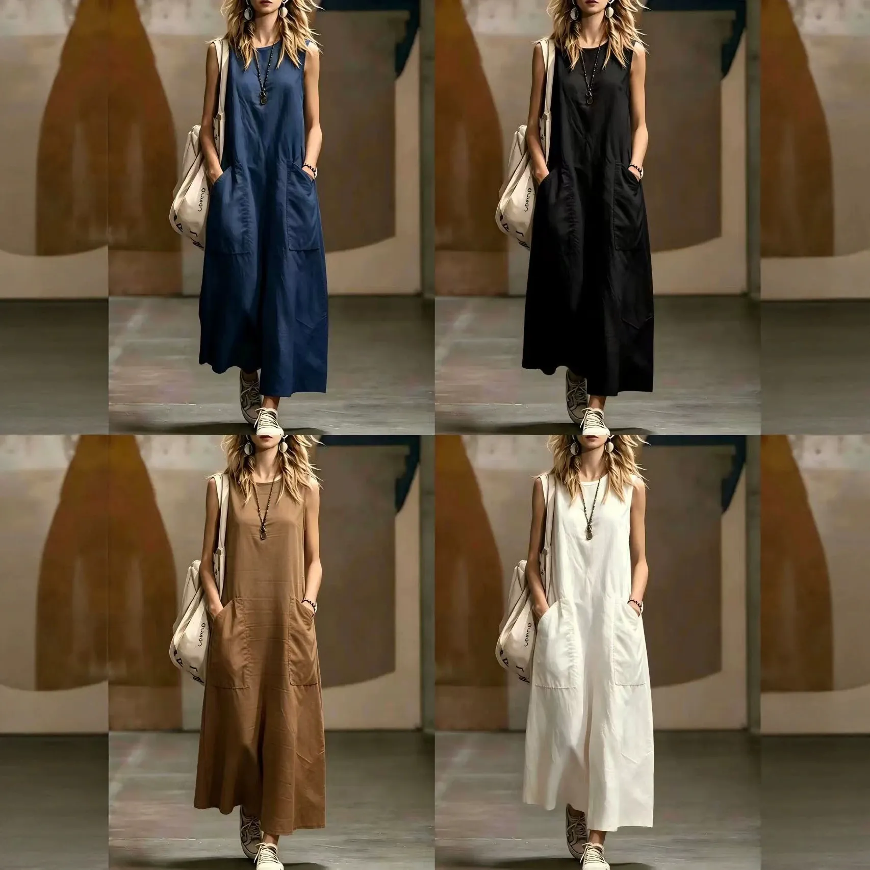 Women Sleeveless Round Neck Maxi Dress With Pockets Solid Color Loose Elegant Summer Beach Sun Dress Casual Woven Dress