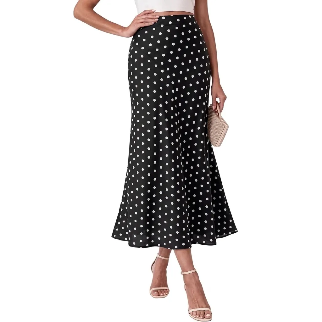 Women's Bohemian High Waist Printed Midi Skirt Floral Polka Dot Leopard Print Mermaid Hem A-Line Casual Beach Vacation Skirt