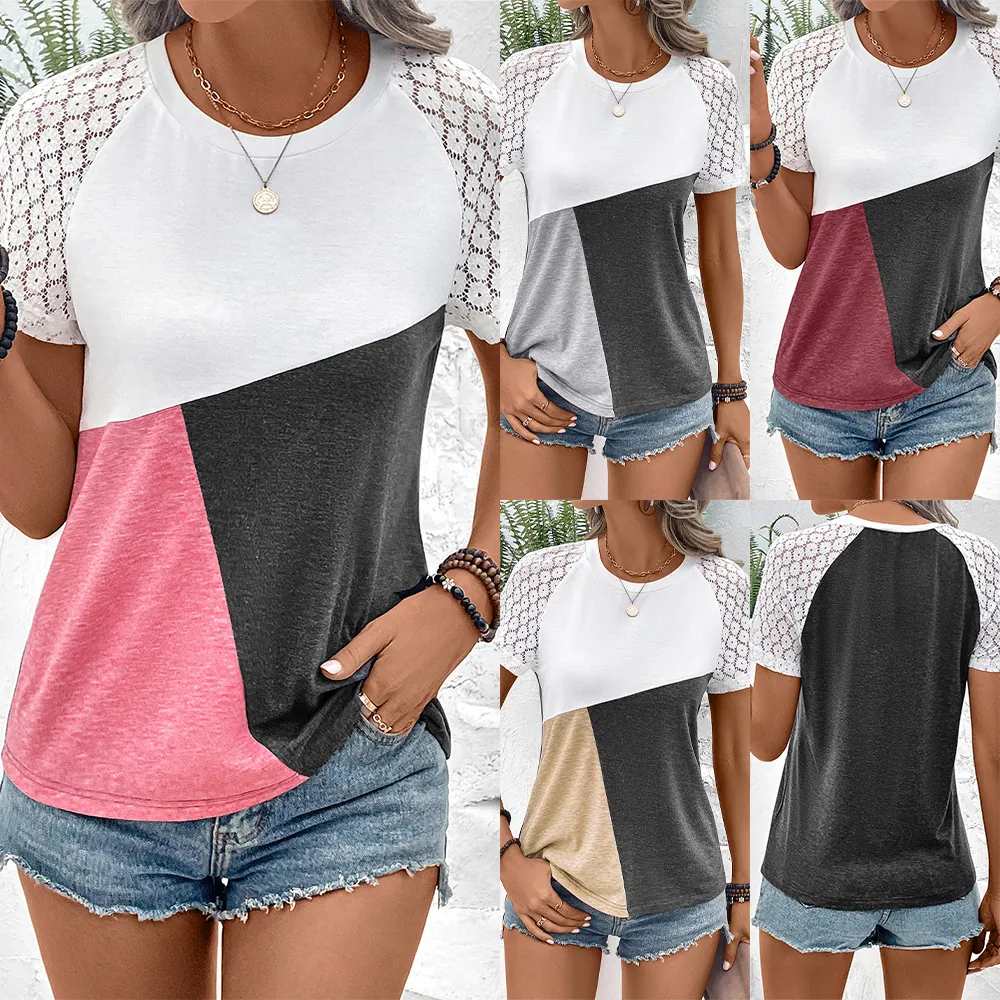 Damen Farbblock Spitze Patchwork T-Shirt Sommer Rundhals Kurzarm Lockere Lässige Pullover Top Polyester Grafik Tee