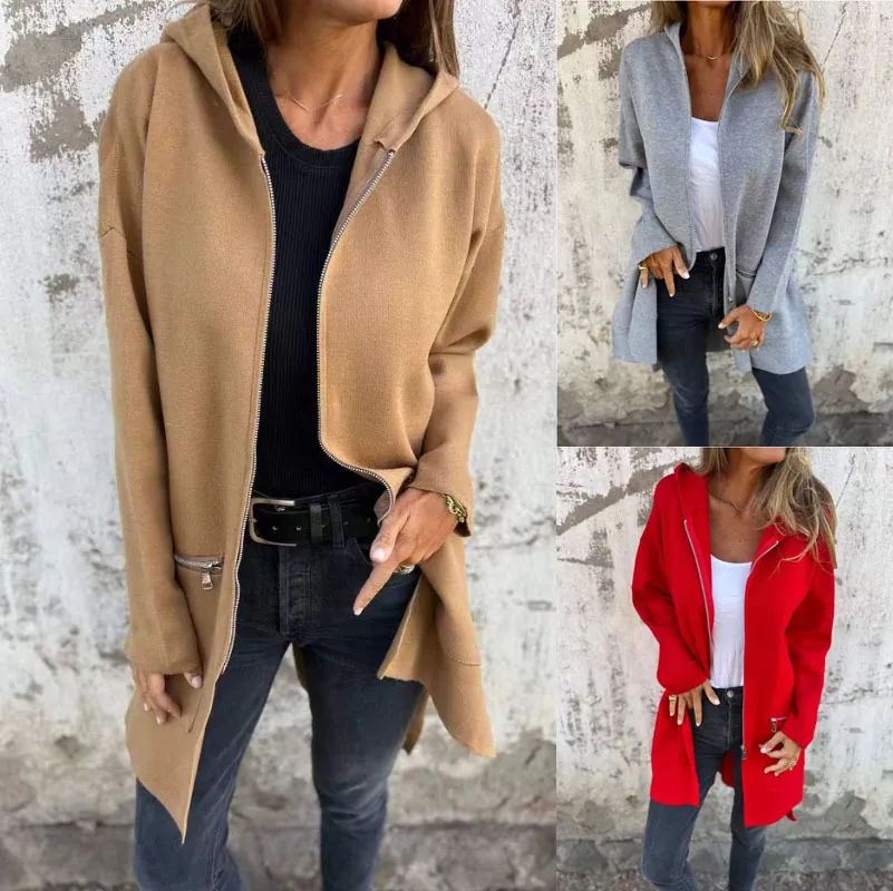 Women Fashion Hooded Jacket Polyester Solid Color Mid-Length Zipper Coat Casual Long Sleeve Autumn Winter Outerwear Top