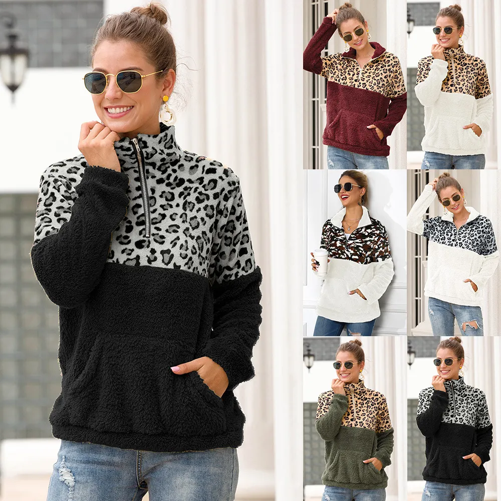 Damen Leopardenmuster Patchwork Doppelseitiges Fleece Hoodie Halber Reißverschluss Umlegekragen Lässig Locker Warm Top