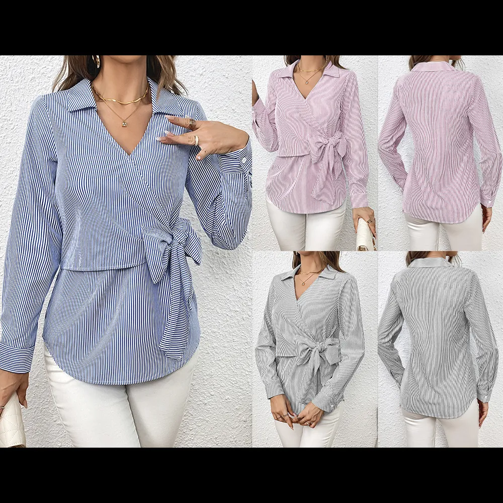 Elegant Vertical Striped Wrap Blouse Women V Neck Long Sleeve Tie Waist Slim Fit Top Office Lady Casual Striped Shirt