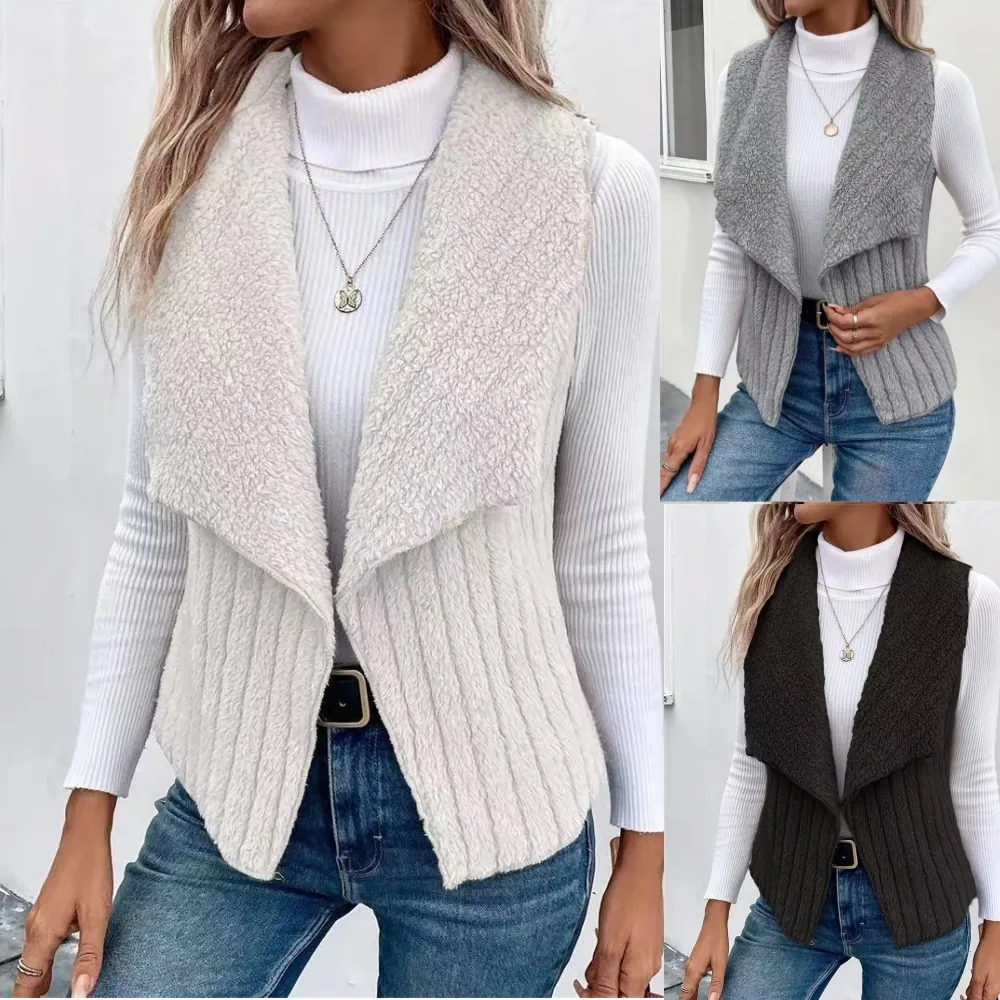 Women Fashion Sleeveless Vest Jacket Autumn Winter Sherpa Patchwork Open Front Striped Waistcoat For Casual Daily