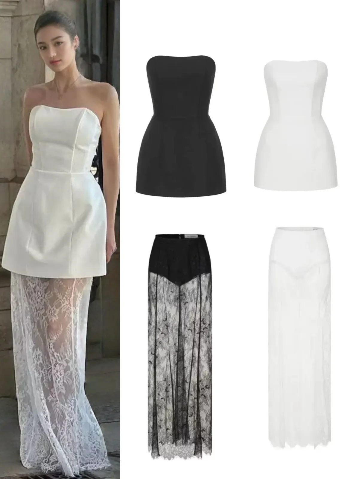 Damen Europäischer Amerikanischer Sommer Spitze Zweiteiler Set Sexy Trägerloses Tube Top Und Hohe Taille Netz Maxi Rock Outfit
