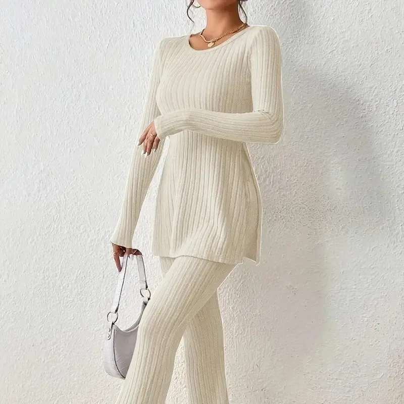 Women Slim Fit Knit Ribbed Set Solid Color Round Neck Side Split Top And Bottom Flare Pants Casual Fashion Loungewear Set