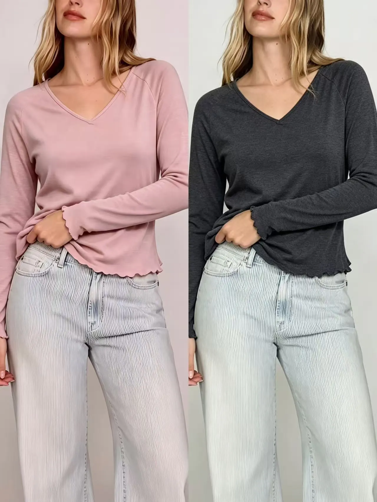 T-Shirt Femme Style Américain Col en V Manches Raglan Bordure Laitue Coupe Slim Top en Tricot Doux Tee Couleur Unie