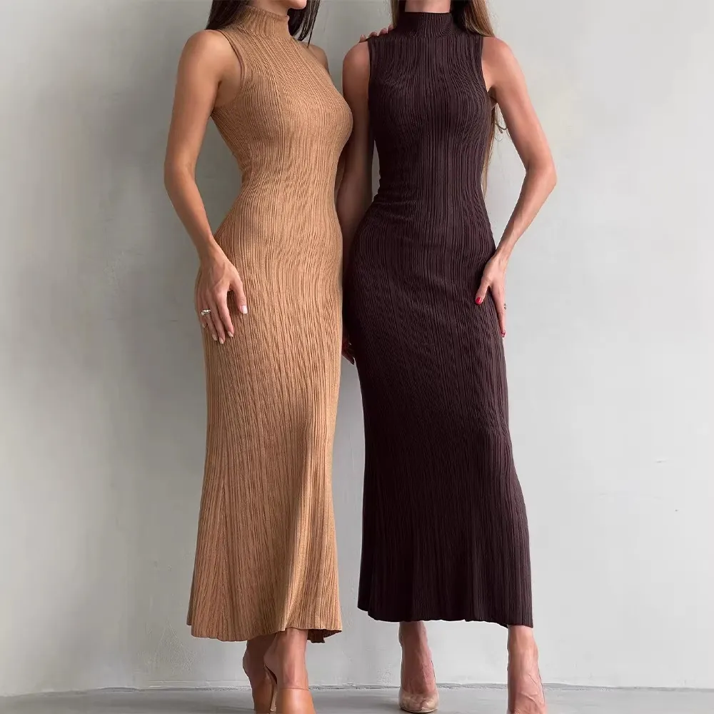 Dames Mode Hoogsluitende Mouwloze Bodycon Maxijurk Effen Kleur Slim Fit Gemerceriseerd Katoen Viscose Geribde Lange Jurk