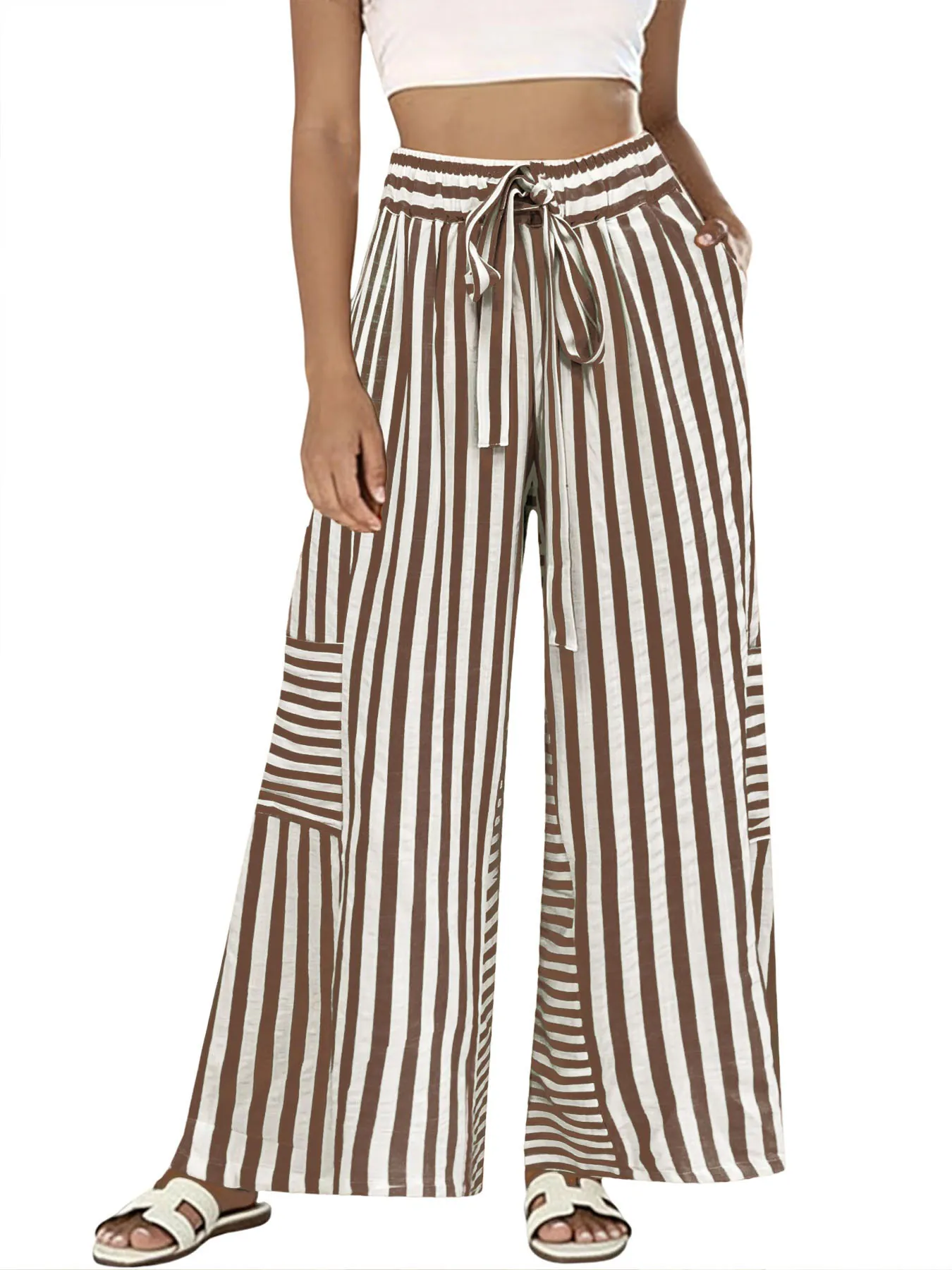 Women High Waist Vertical Striped Wide Leg Pants Casual Loose Trousers With Tie Belt Summer Beach Vacation Polyester Pants