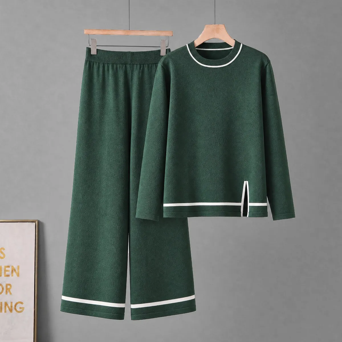 Elegant Core Spun Yarn Knit Top And Bottom For Women Contrast Stripe Crew Neck Side Slit Sweater Wide Leg Pants Set