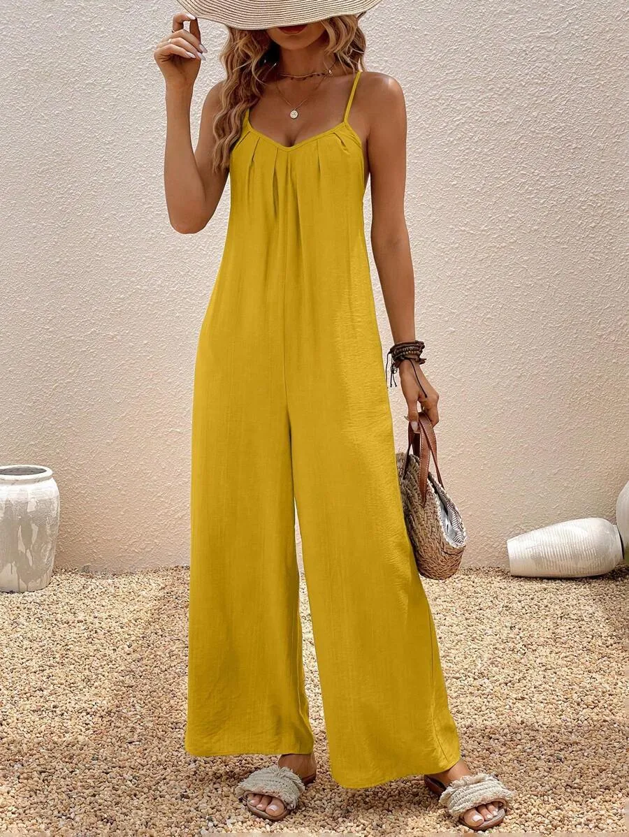 Tuta Intera Donna Stile Vacanza Scollo a V Senza Maniche Gamba Larga Pantaloni Lunghi Casual Poliestere Tuta QZ8845