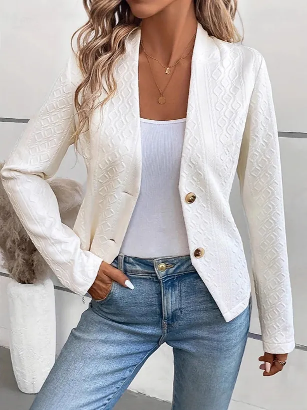Damen Casual Blazer-Jacke Einfarbig Texturiert V-Ausschnitt Einreihig Langarm Büro Pendeln Herbst Top Mantel