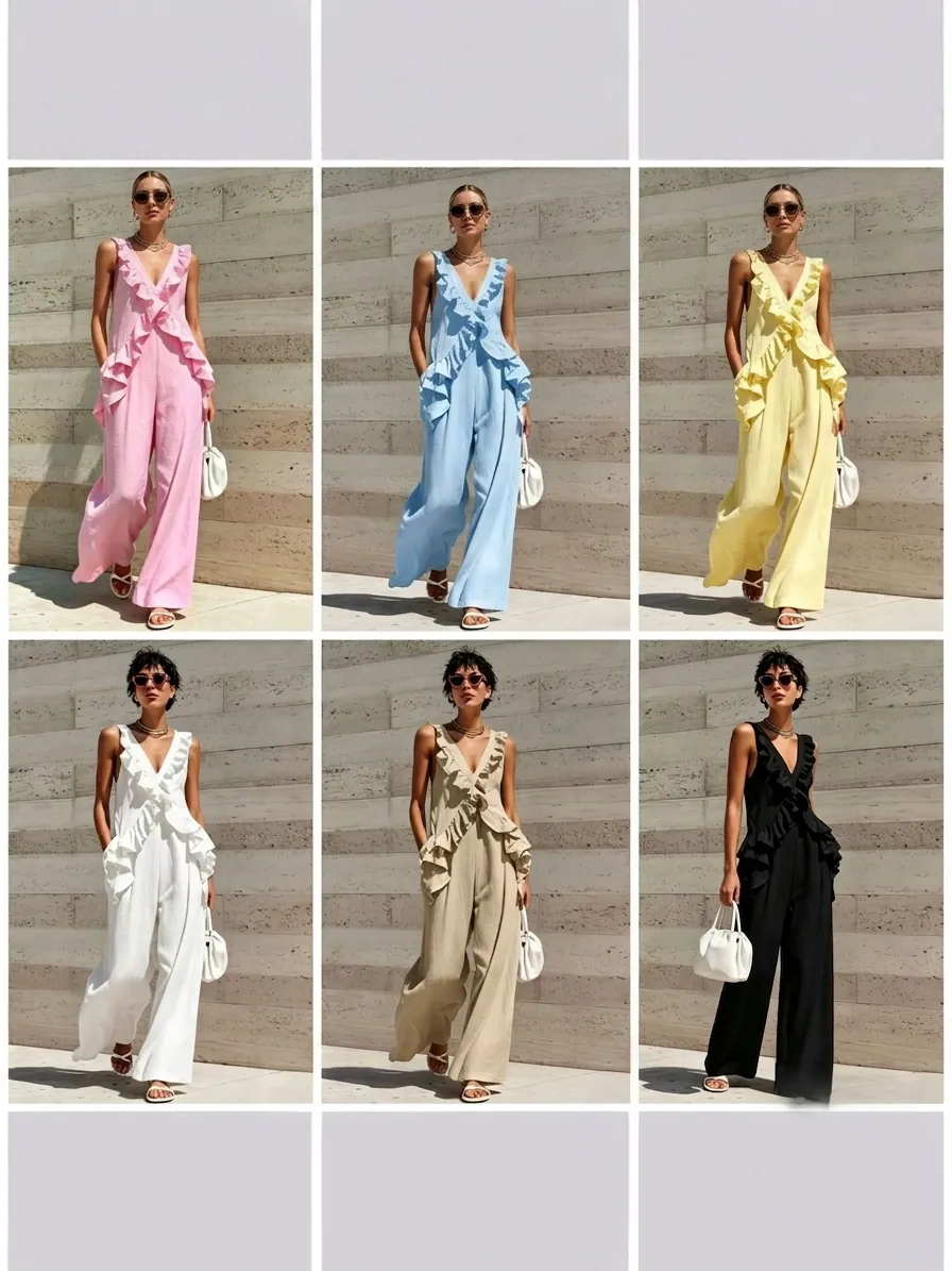 Tuta da Donna con Scollo a V Senza Maniche con Volant Elegante Tinta Unita Gamba Larga Poliestere Casual Vacanza Outfit Pezzo Unico