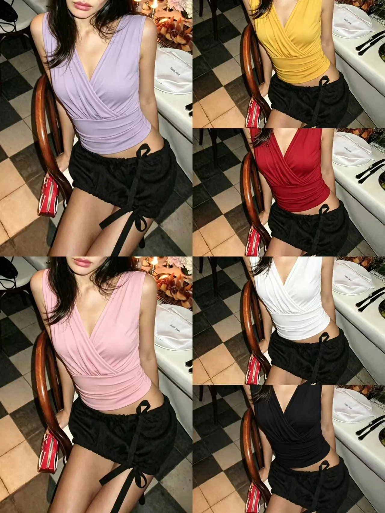 Women Sexy Cross V Neck Ruched Slim Fit Crop Top Sleeveless Solid Color Ribbed Knit Vest Summer Fashion Streetwear