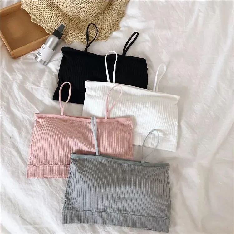 Women Seamless Ribbed Bandeau Thin Straps Tube Top Padded Elastic Breathable Underwear Everyday Minimalist Summer Lingerie
