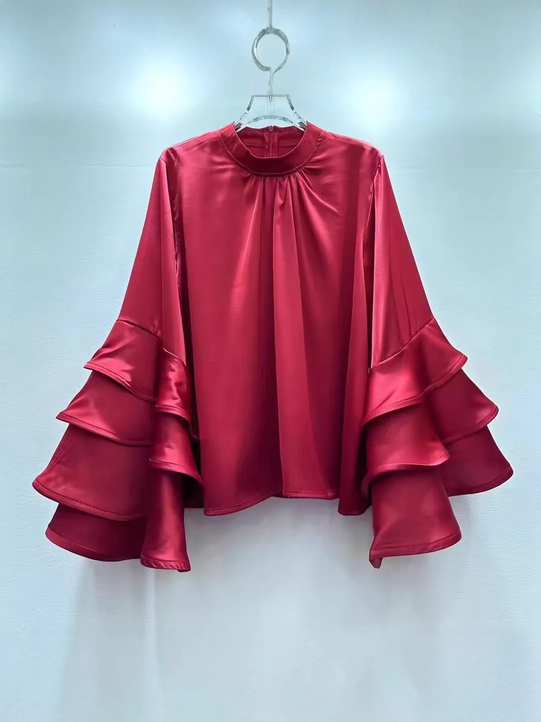 French Style Solid Color Loose Ruffle Flare Sleeve Stand Collar Polyester Women Blouse Elegant Office Casual Satin Look Top Autumn Apparel