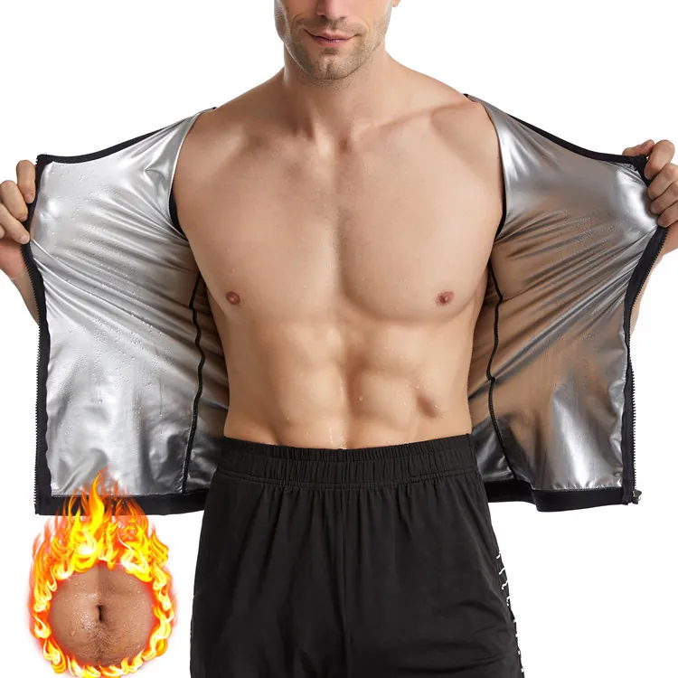 Gilet de Sauna pour Hommes Revêtement Polymère Argenté Body Shaper Débardeur de Sport Sans Manches Avec Fermeture Éclair