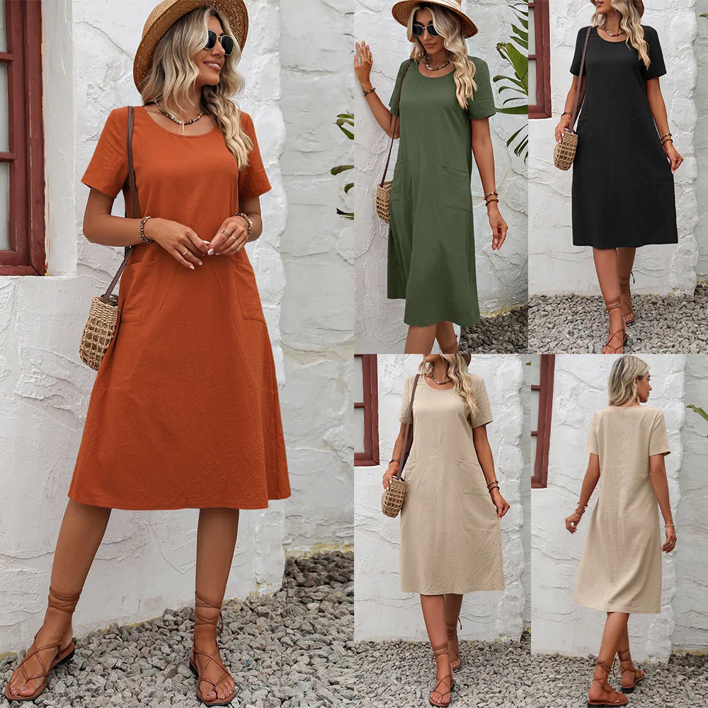Robe Midi Décontractée en Polyester pour Femmes Col Rond Manches Courtes Couleur Unie Coupe Ample Robe de Vacances d'Été Avec Poches