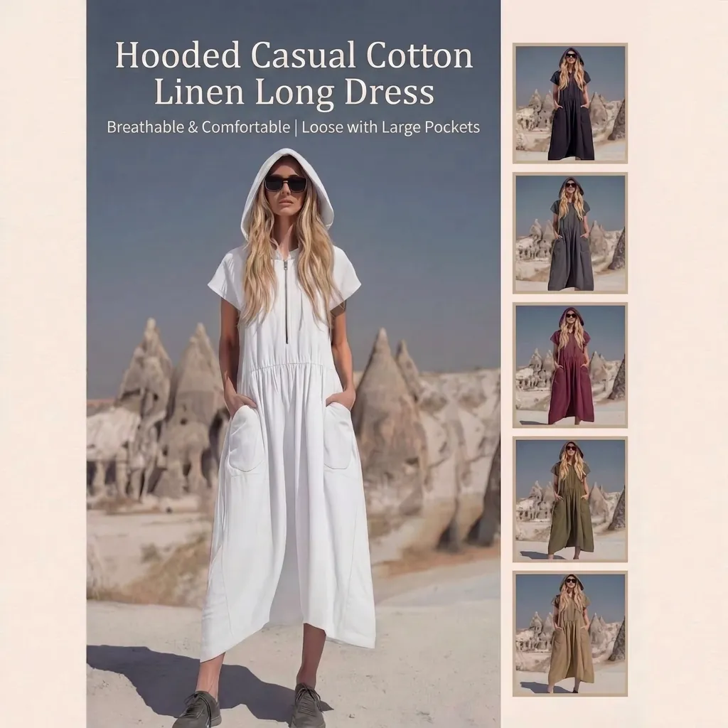 Abito Midi Vintage da Donna con Cappuccio in Poliestere Mezza Cerniera Manica Corta Tinta Unita Casual Vestito Retro Tasche Grandi a Linea