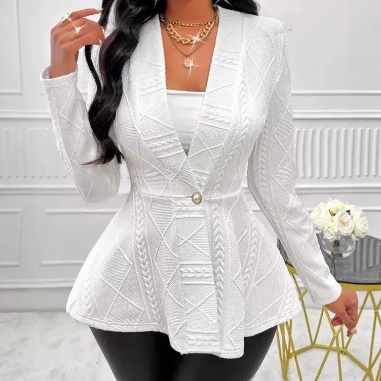 Women Elegant Jacquard Texture Jacket Coat Slim Fit Single Button Long Sleeve Peplum Blazer Office Lady Autumn Winter Outwear