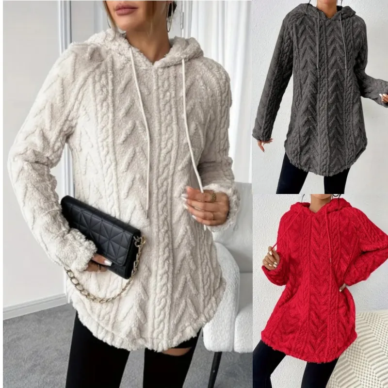 Sudadera Con Capucha de Felpa Jacquard de Color Sólido para Mujer Cordón Cálida Prenda de Abrigo Manga Larga Abrigo Casual