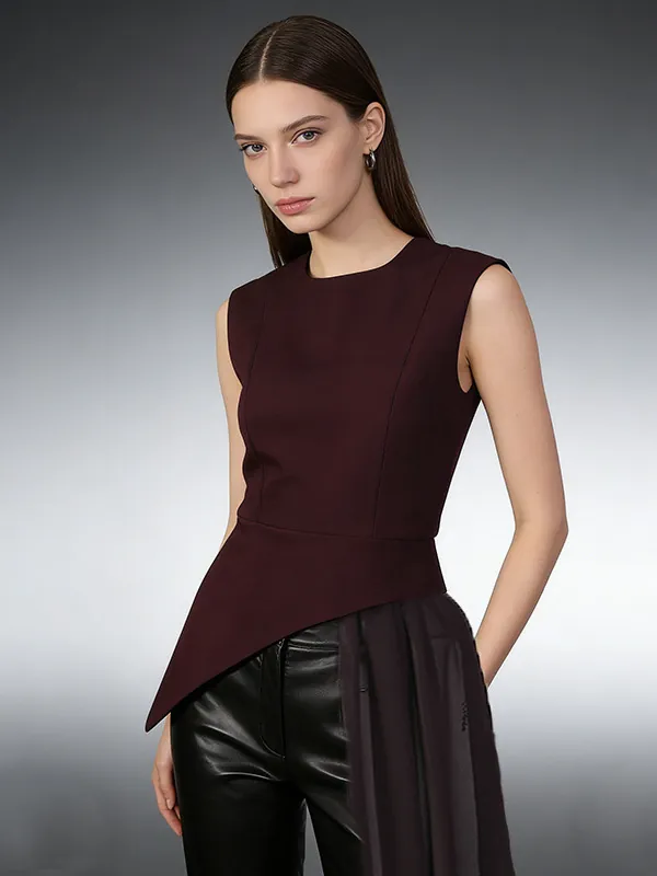 Blouse Sans Manches à Ourlet Irrégulier Élégante pour Femmes Avec Design Ruban Long Style Coréen Décontracté Été Polyester Élasthanne Chemise