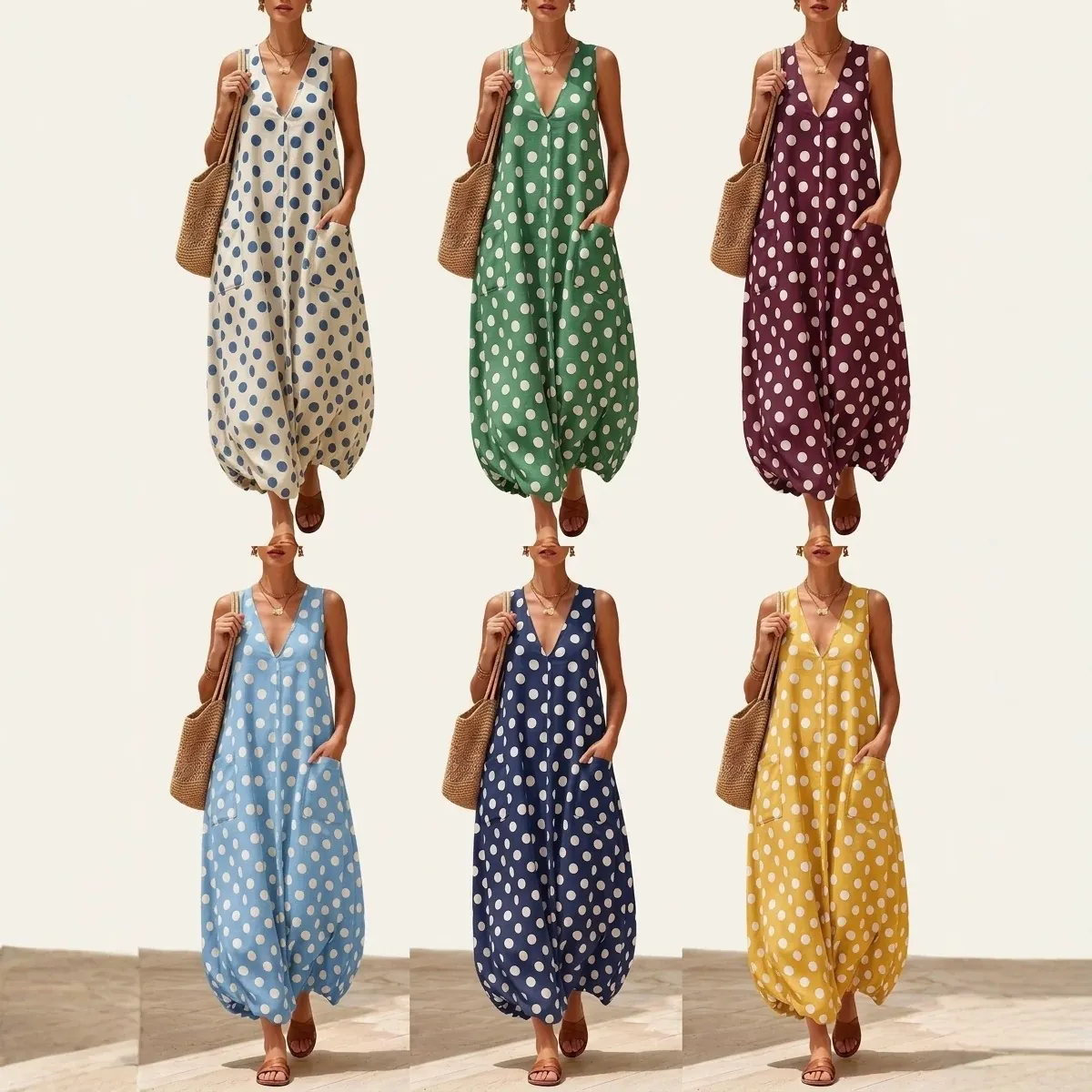 Vestito Donna Retrò a Pois Scollo a V Senza Maniche Estivo Largo Orlo a Palloncino Midi Vestito Con Doppie Tasche Casual Vacanza
