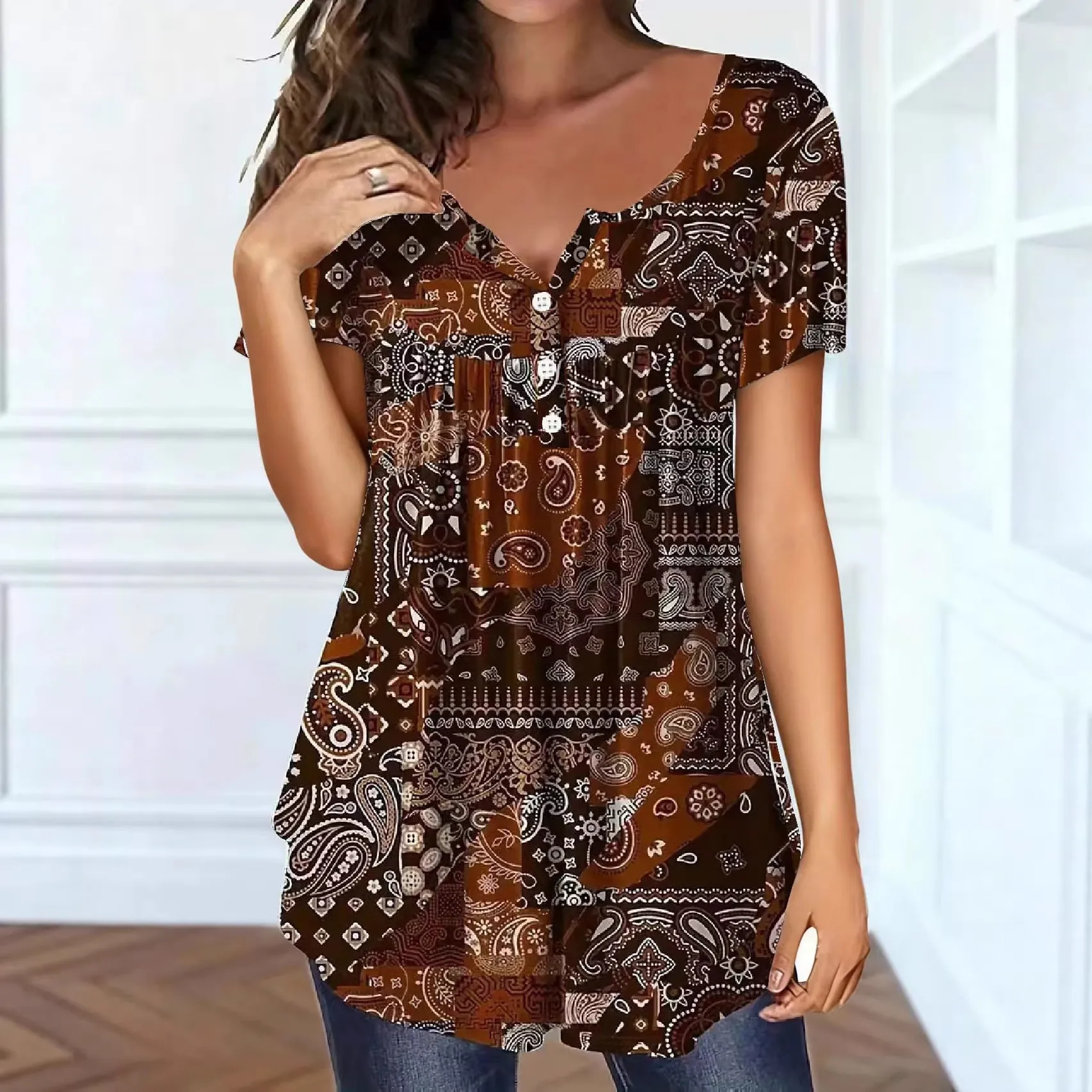 Women Plus Size V Neck Paisley Printed Top Casual Short Sleeve Polyester T-Shirt Button Elegant Loose Fit Summer Clothing