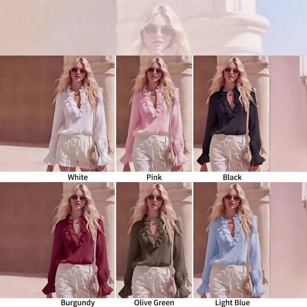 Vintage French Ruffle V-Neck Shirt For Women Elegant Flare Sleeve Solid Color Polyester Blouse Casual Retro Pullover Tops
