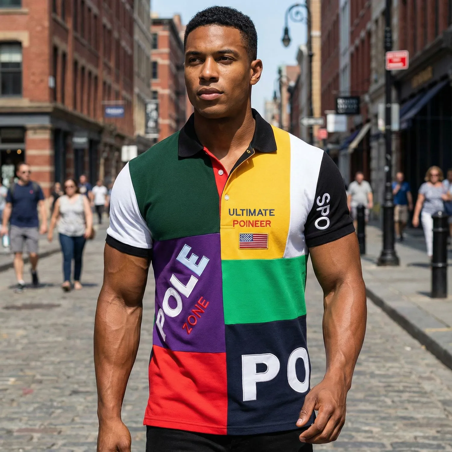 Polo Homme Large en Coton Manches Courtes Patchwork Brodé Rétro Américain Décontracté Sportif Haut Saint-Valentin Nouvel An