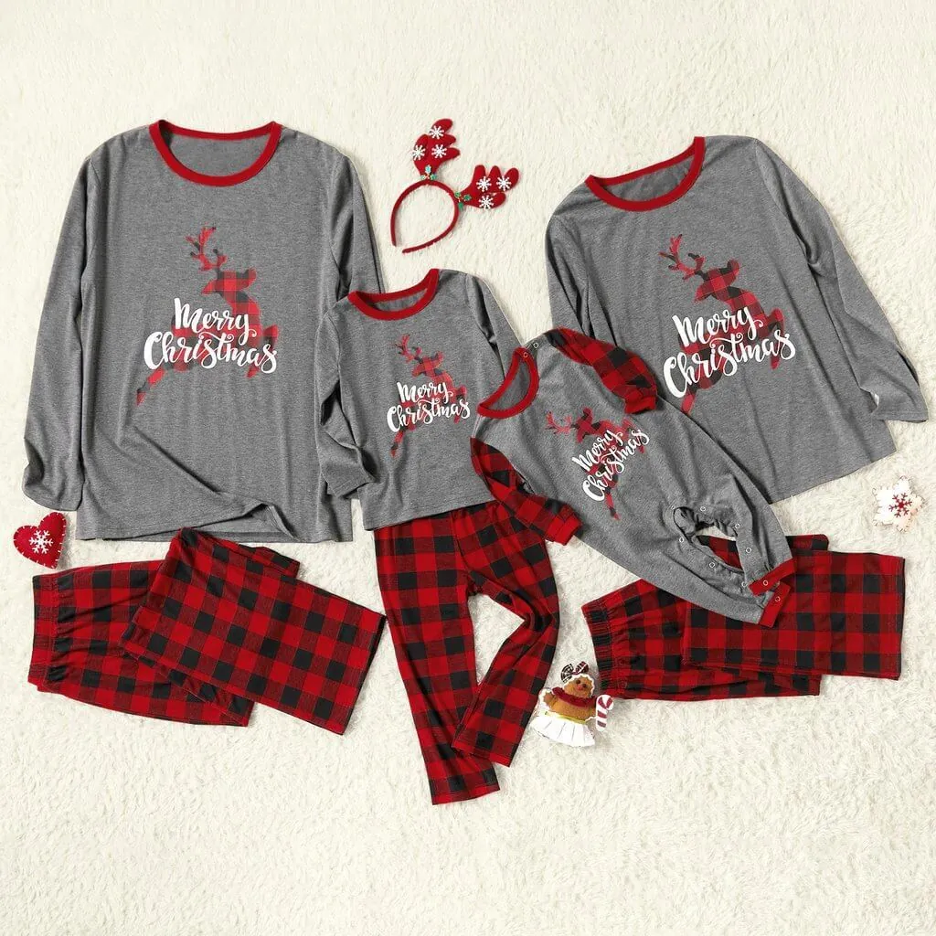 Christmas Reindeer Family Matching Pajamas Set Polyester Merry Christmas Grey Top Red Buffalo Plaid Pants Top And Bottom