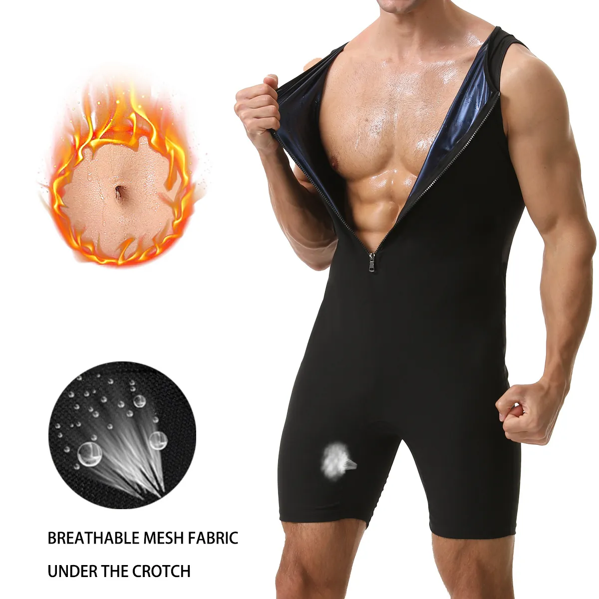 Body de Sauna en Polyester pour Hommes Gilet de Sudation Avec Fermeture Éclair Avant Sculptant Haut Et Bas Fitness