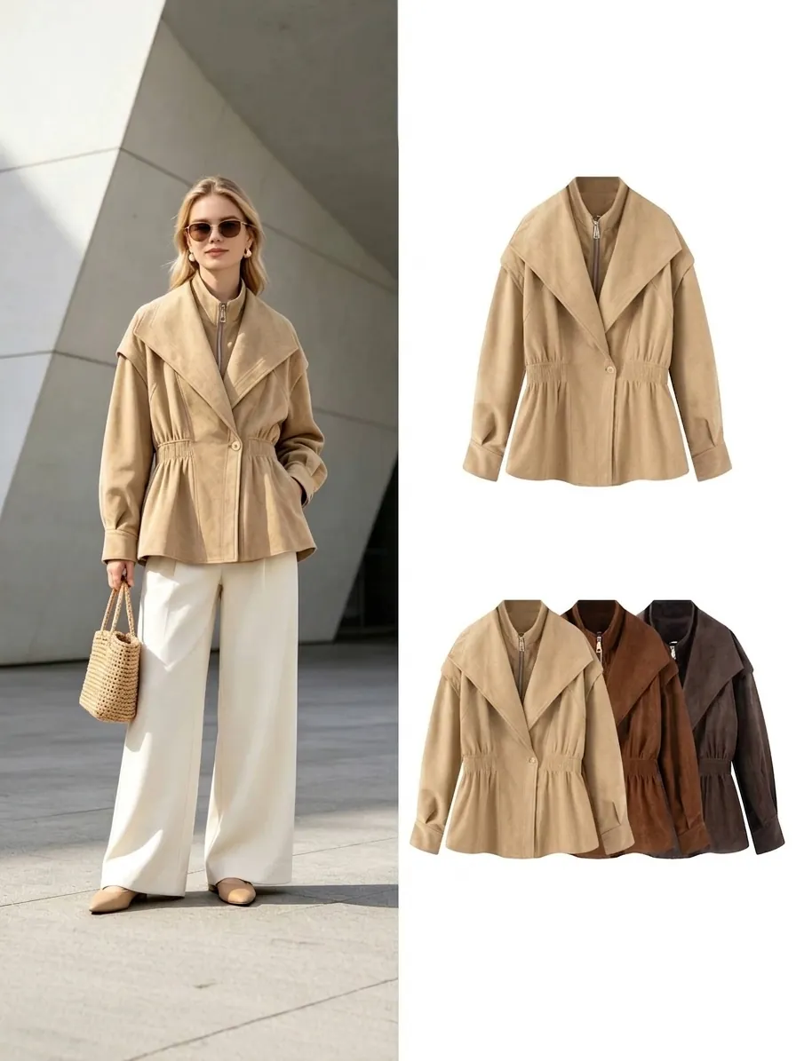 Women Polyester Faux Suede Top Faux Two-Piece Slim Waist Jacket Retro British Style Long Sleeve Outerwear Autumn Chic