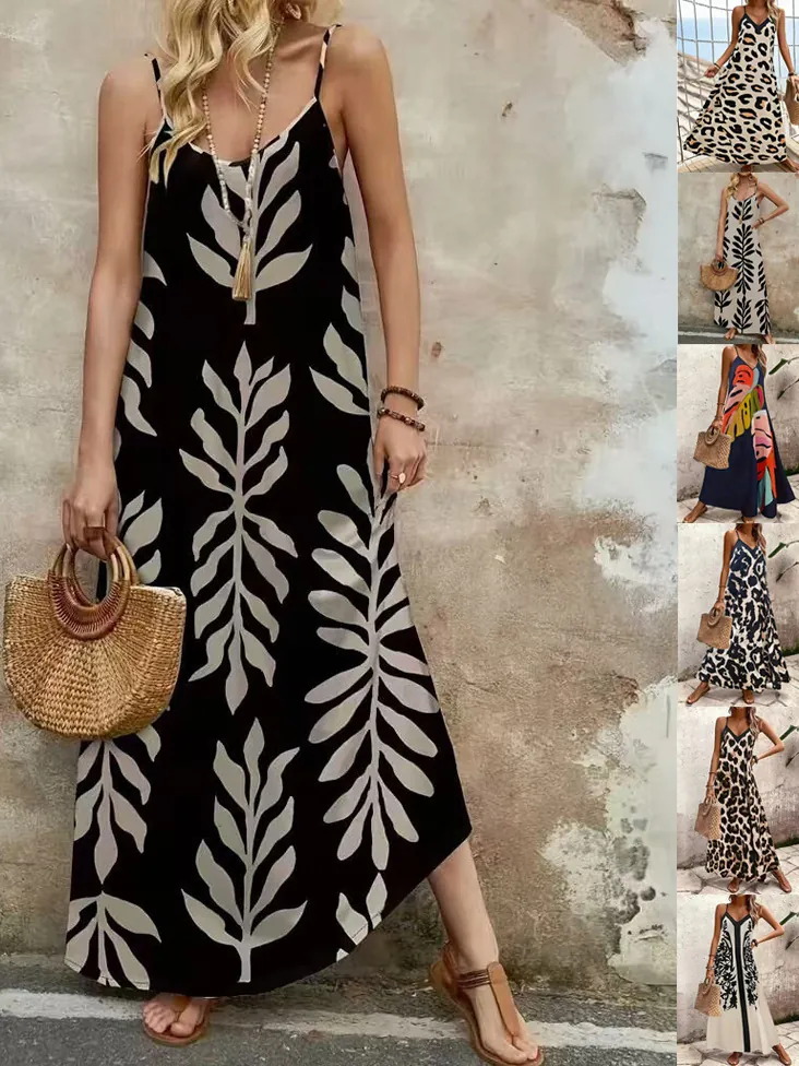 Vestido Maxi Bohemio de Tirantes Finos para Mujer Cuello en V Estampado de Hojas Poliéster Vestido Largo Sin Mangas de Playa
