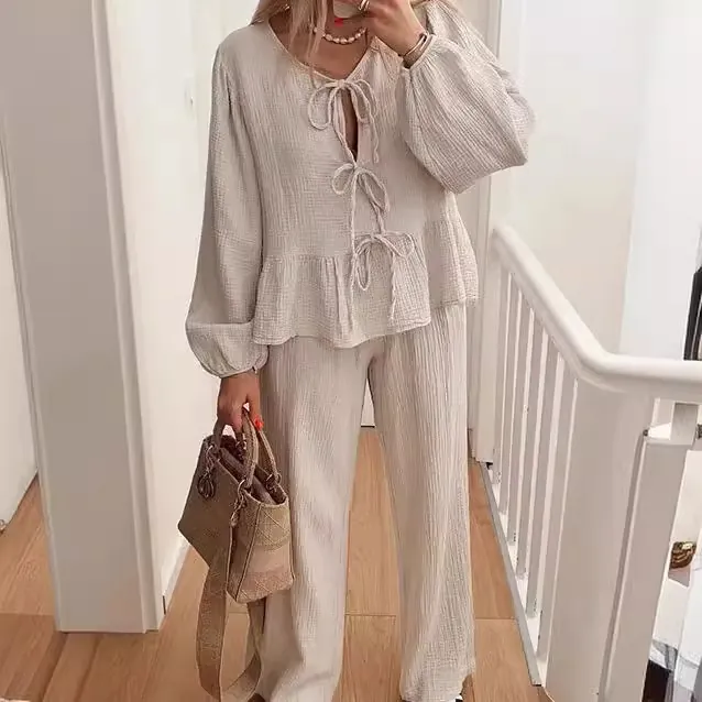 Women's Lantern Sleeve Tie Top And Bottom Set Casual Commuter Polyester Crepe Wide Leg Pants Two Piece Outfit Solid Leopard Print