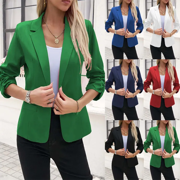 Damen Dreiviertel-Geraffte Ärmel Blazerjacke Professionell Business-Casual Schlanke Passform Einfarbig Polyester Formeller Büroanzug Oberbekleidung
