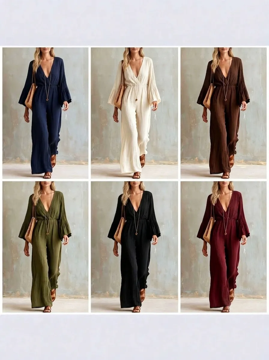 Bohemian Women V Neck Jumpsuit Long Sleeve Flare Sleeve Wide Leg Loose Fit Polyester Casual Rompers One Piece Long Pants