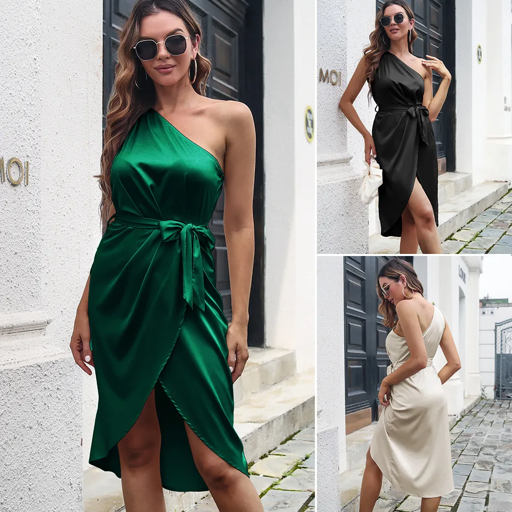 Elegant One Shoulder Satin Wrap Midi Dress For Women Solid Color Sleeveless High Waist Tie Belt Irregular Hem Party Dress